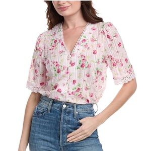 Nanette Lepore Pink Swiss Dot Floral Blouse Sz M Cottage Lace Sheer Shabby